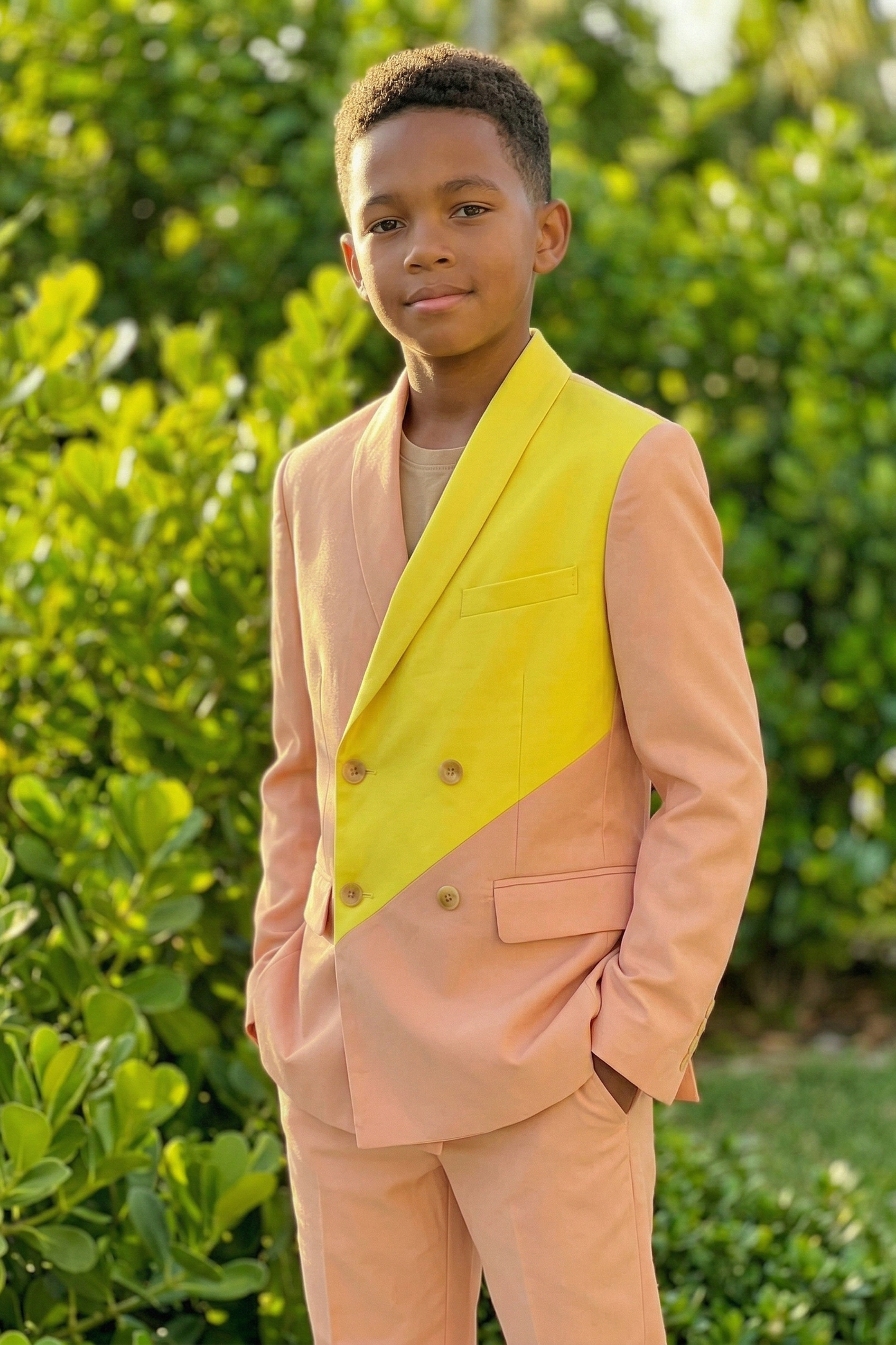 Coral Pink And Bright Yellow Double-Breasted 2-Piece Suit