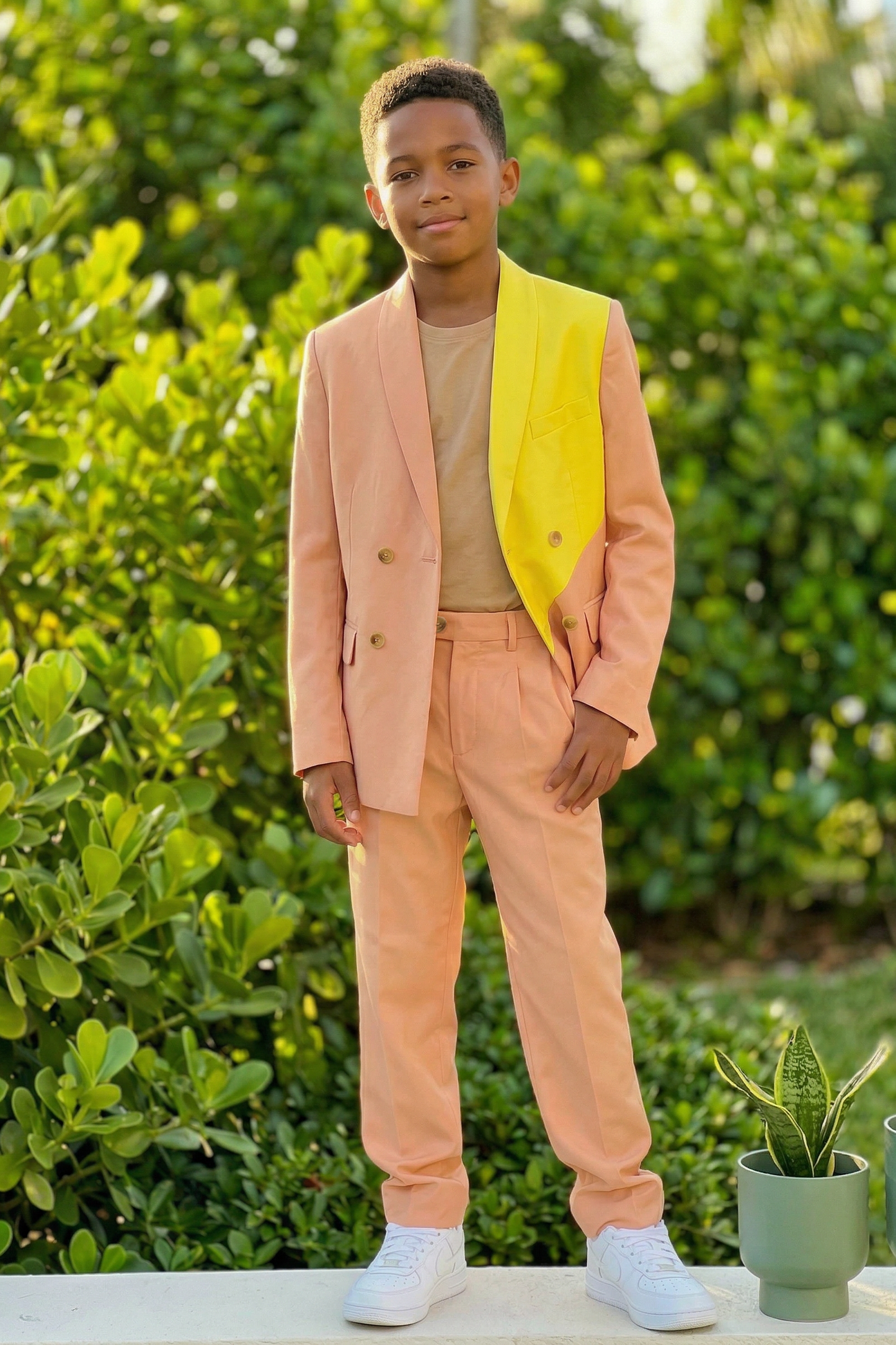 Coral Pink And Bright Yellow Double-Breasted 2-Piece Suit