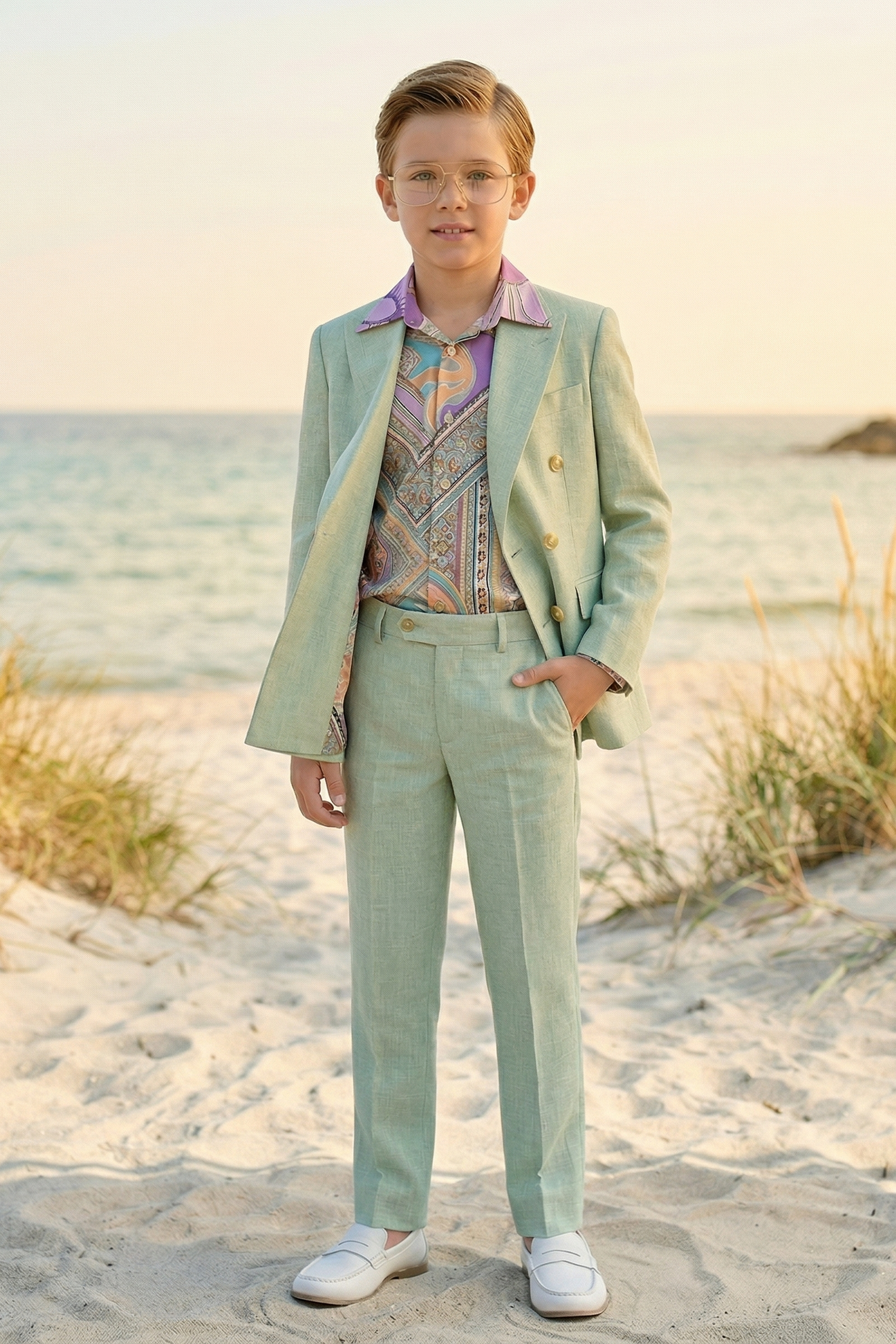 Mint Green Cotton-Linen Blend Double-Breasted 2-Piece Suit
