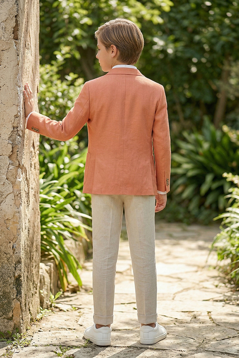 Boys Coral Linen Blazer & Beige Linen Trousers 2-piece Suit