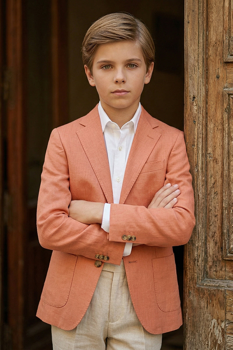 Boys Coral Linen Blazer & Beige Linen Trousers 2-piece Suit