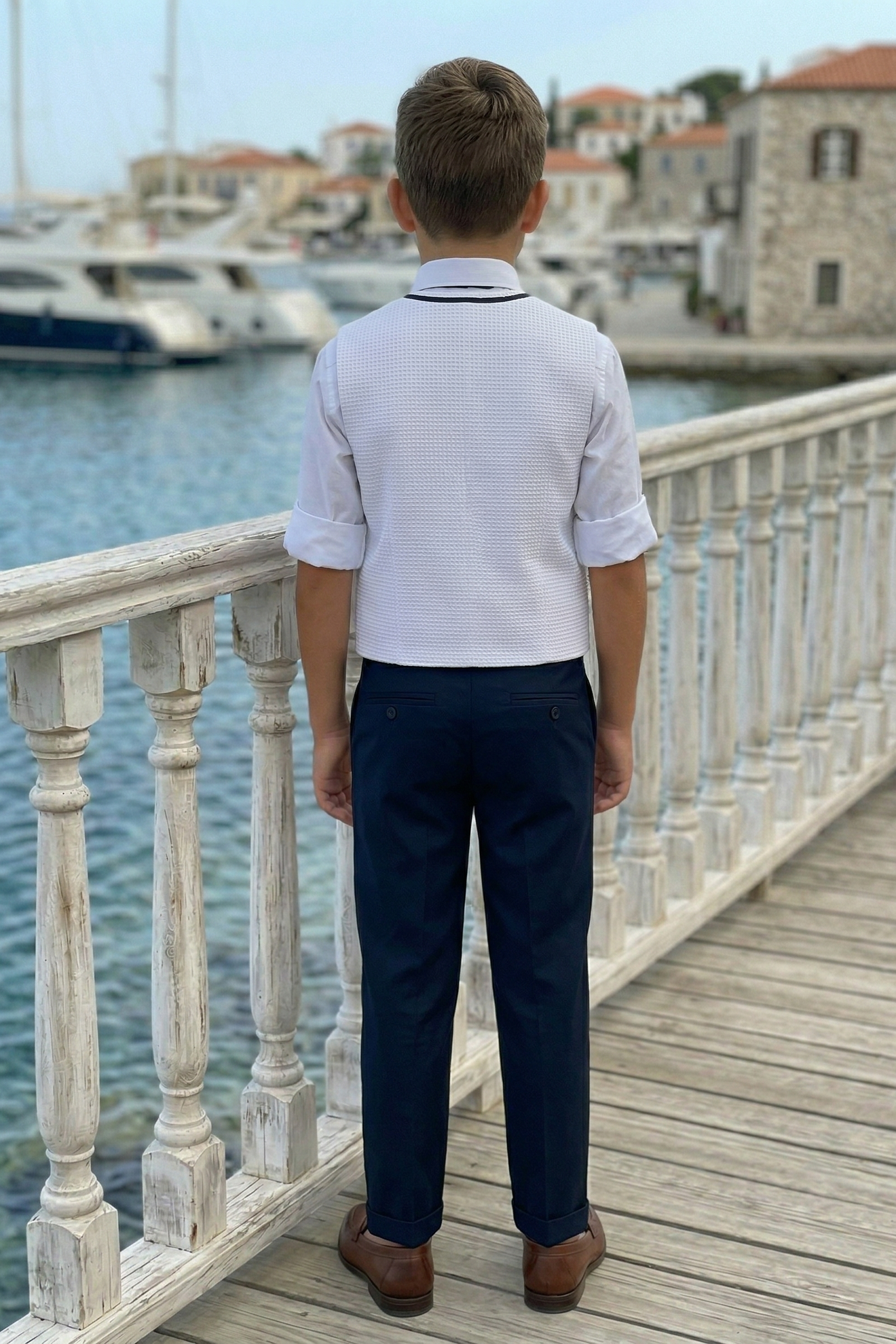 White And Navy Blue V-Neck Single-Breasted Vest 2-Piece Set