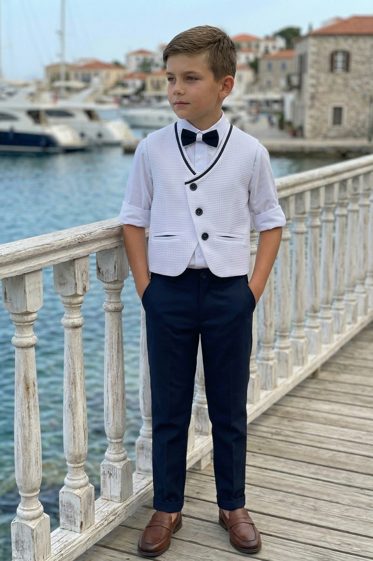 White And Navy Blue V-Neck Single-Breasted Vest 2-Piece Set