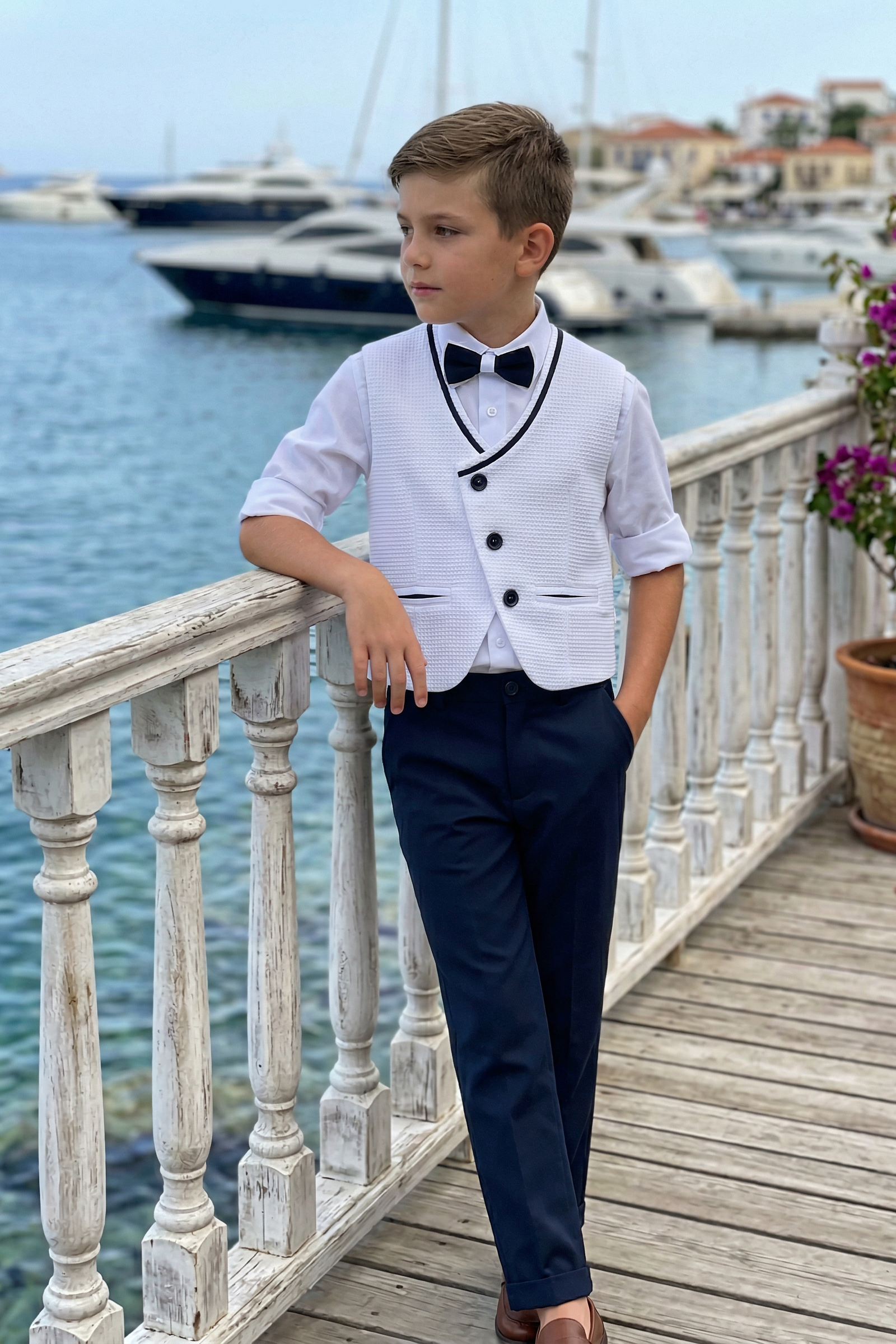 White And Navy Blue V-Neck Single-Breasted Vest 2-Piece Set