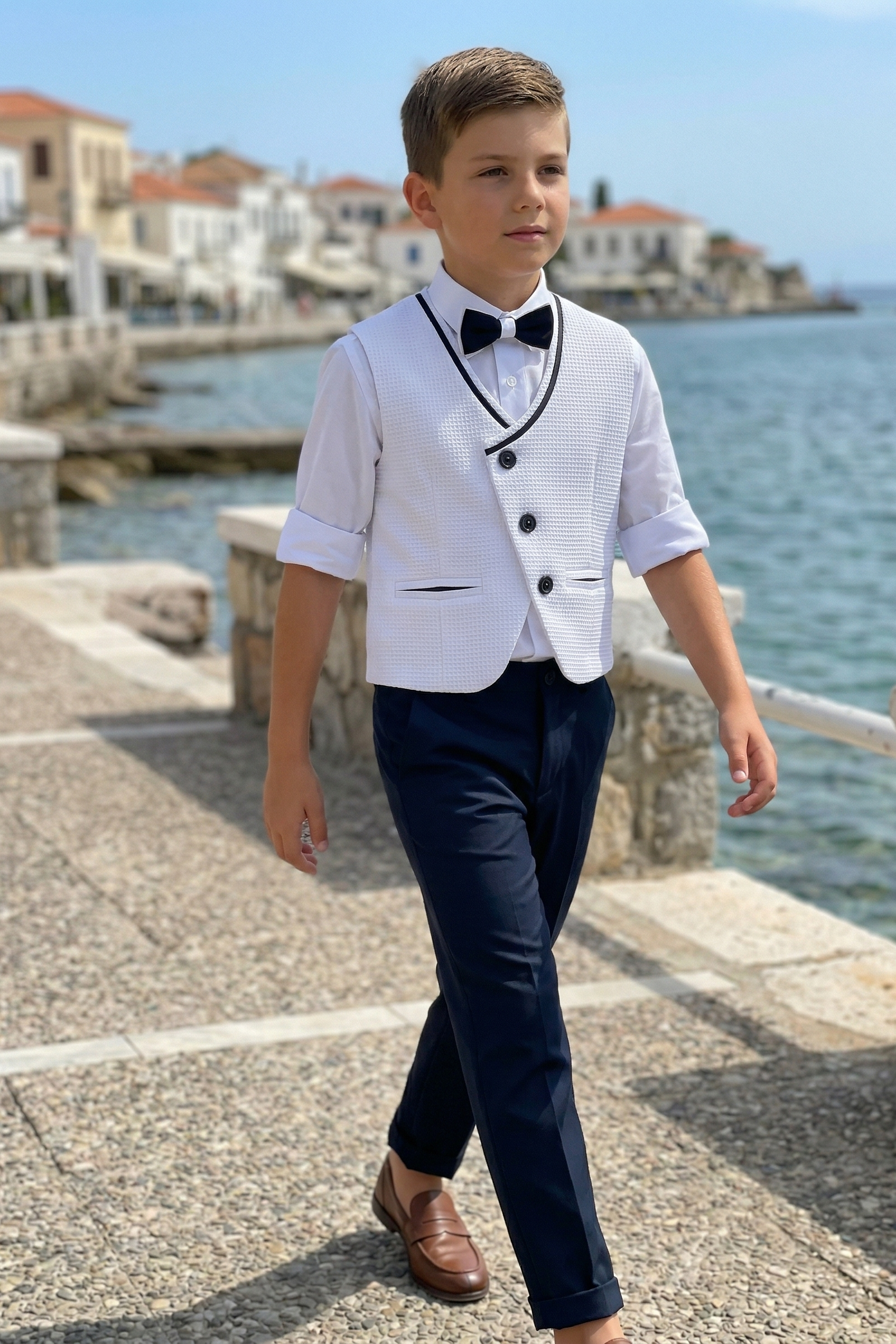 White And Navy Blue V-Neck Single-Breasted Vest 2-Piece Set