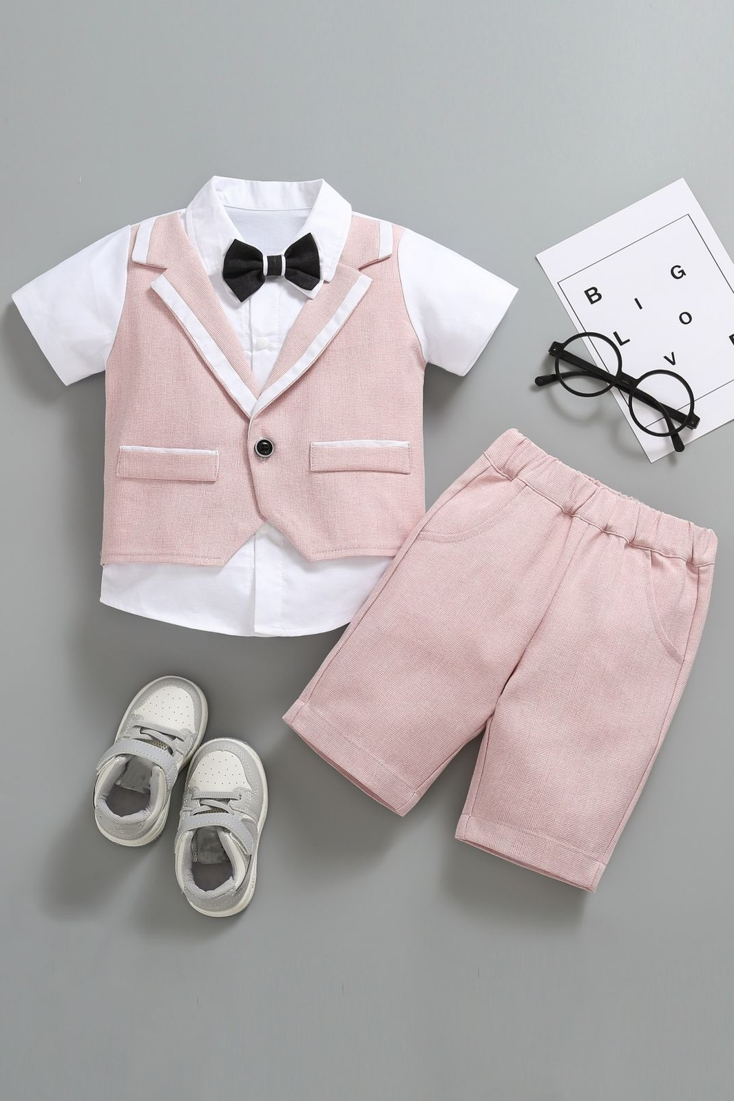 Pink Cotton-Linen Blend V-Neck Vest 2-Piece Set
