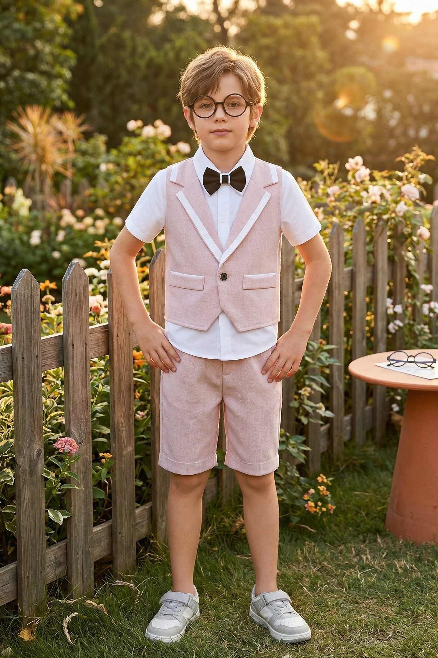 Pink Cotton-Linen Blend V-Neck Vest 2-Piece Set