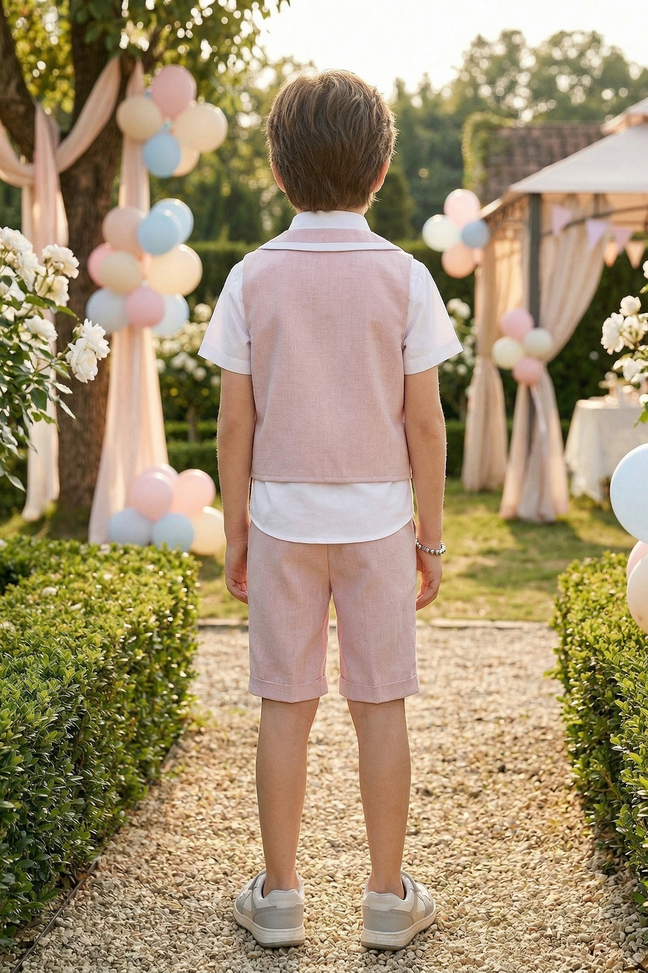 Pink Cotton-Linen Blend V-Neck Vest 2-Piece Set