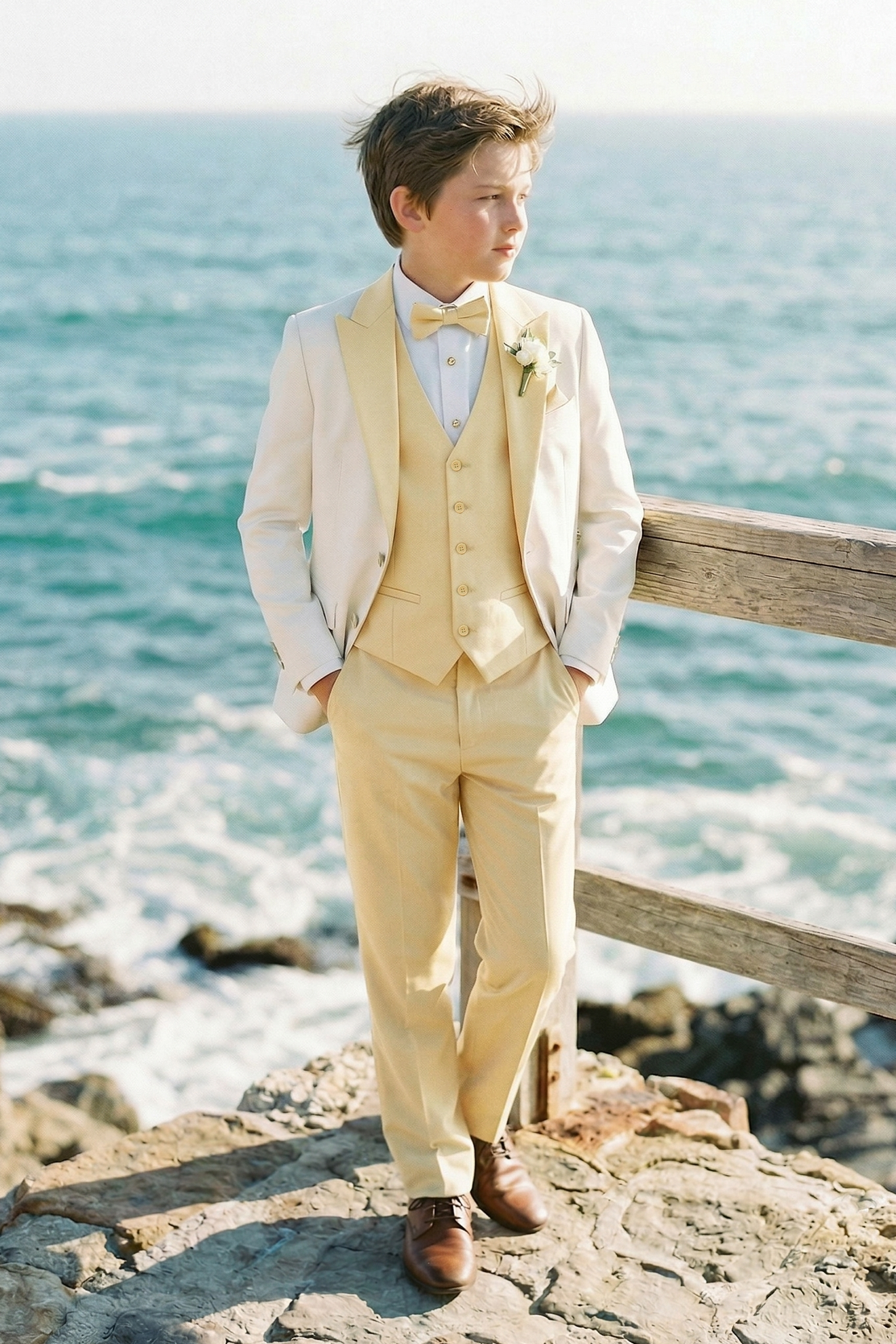 Pale Yellow And White Single-Breasted 3-Piece Suit