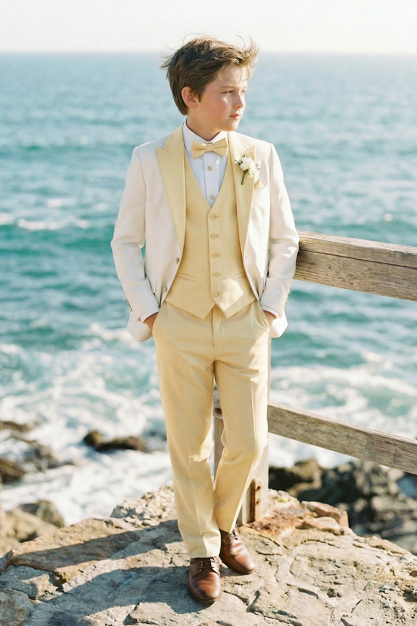 Pale Yellow And White Single-Breasted 3-Piece Suit