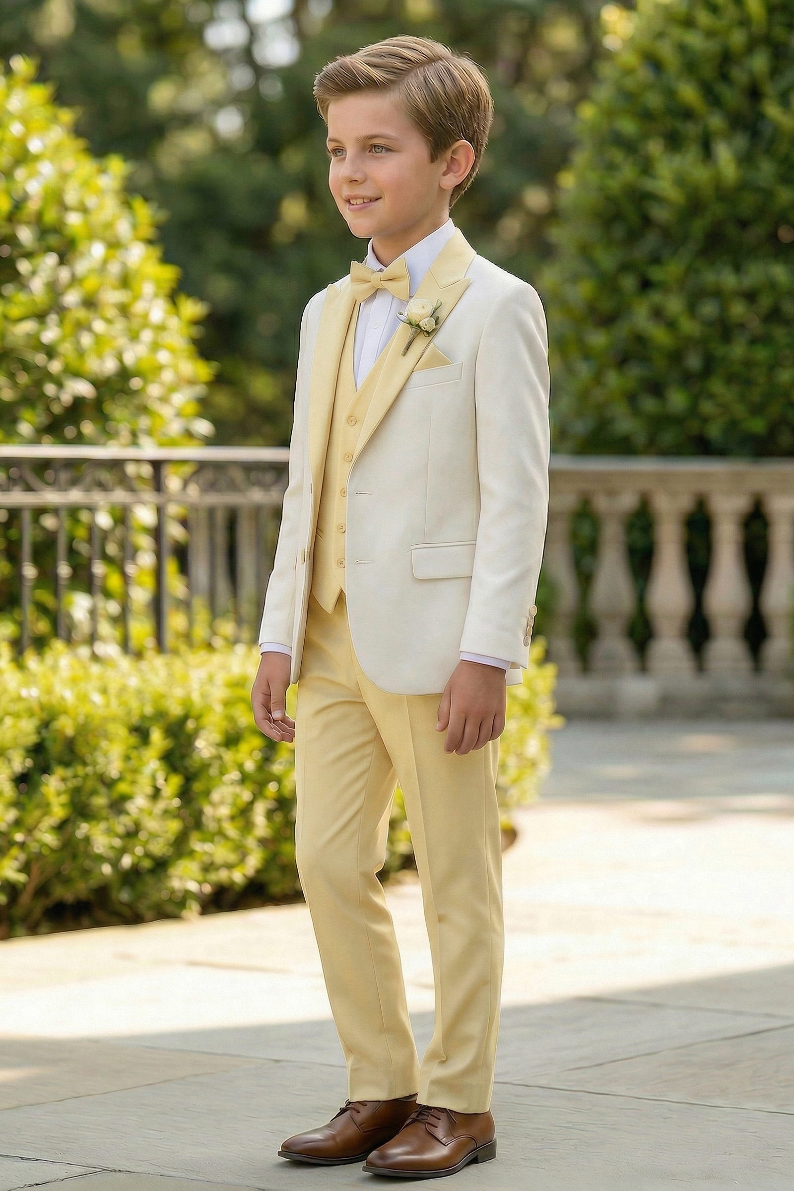 Pale Yellow And White Single-Breasted 3-Piece Suit