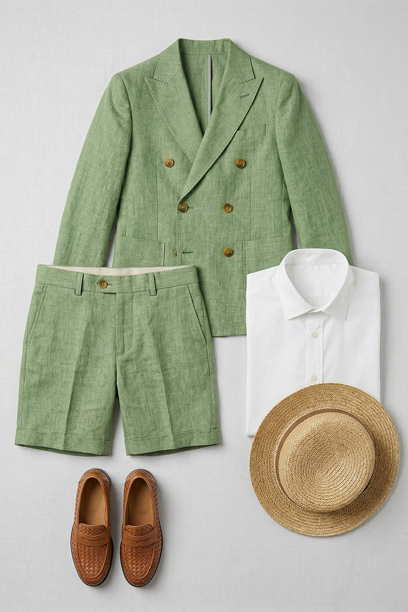 Boys Sage Green Linen Double-Breasted Shorts 2-piece Suit