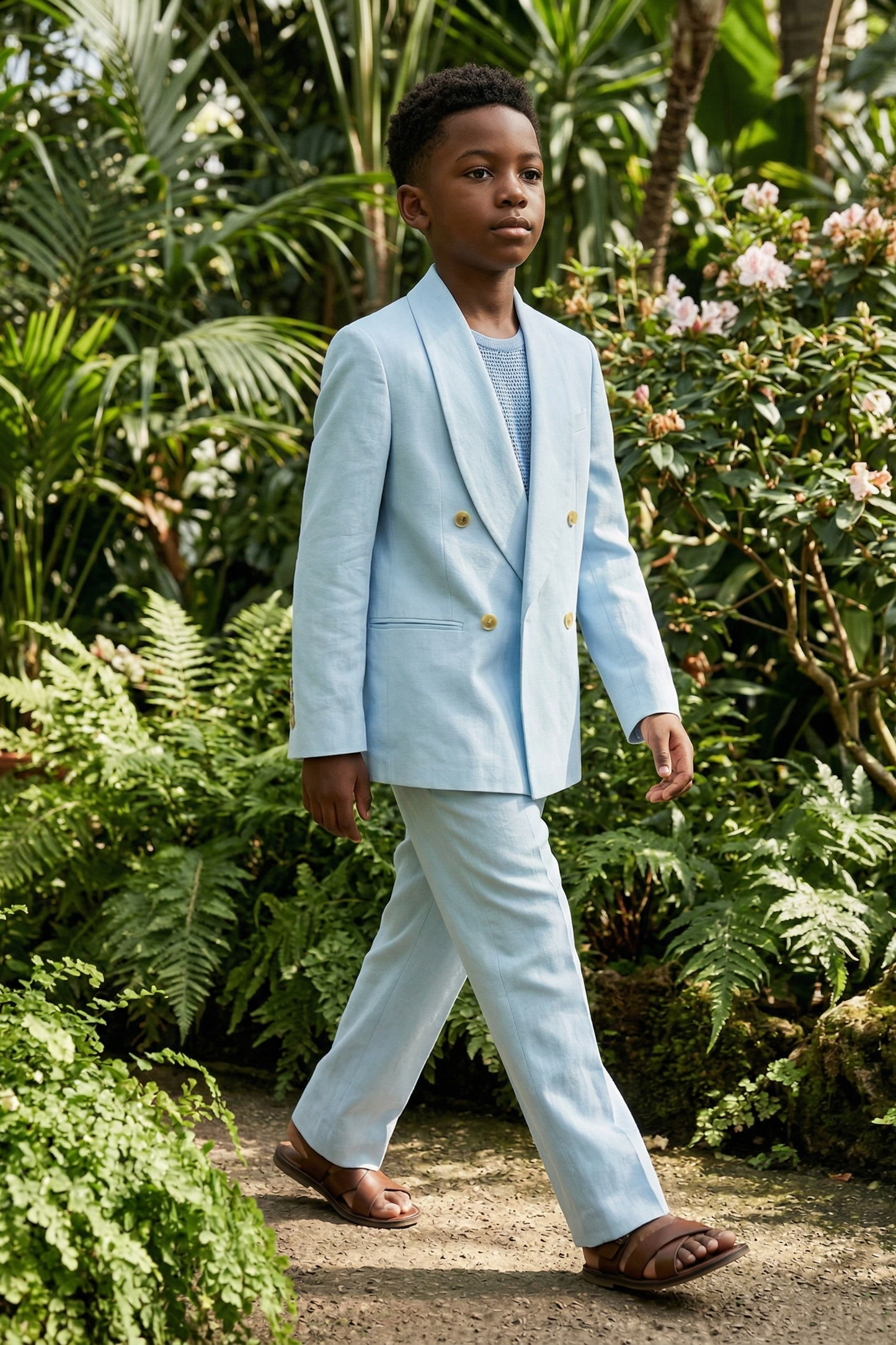Light Blue Cotton-Linen Blend Double-Breasted 2-Piece Suit