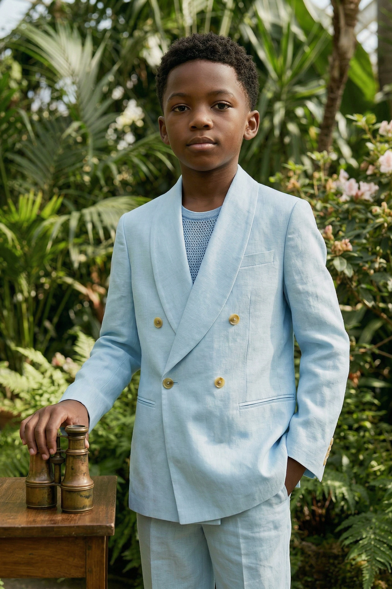 Light Blue Cotton-Linen Blend Double-Breasted 2-Piece Suit