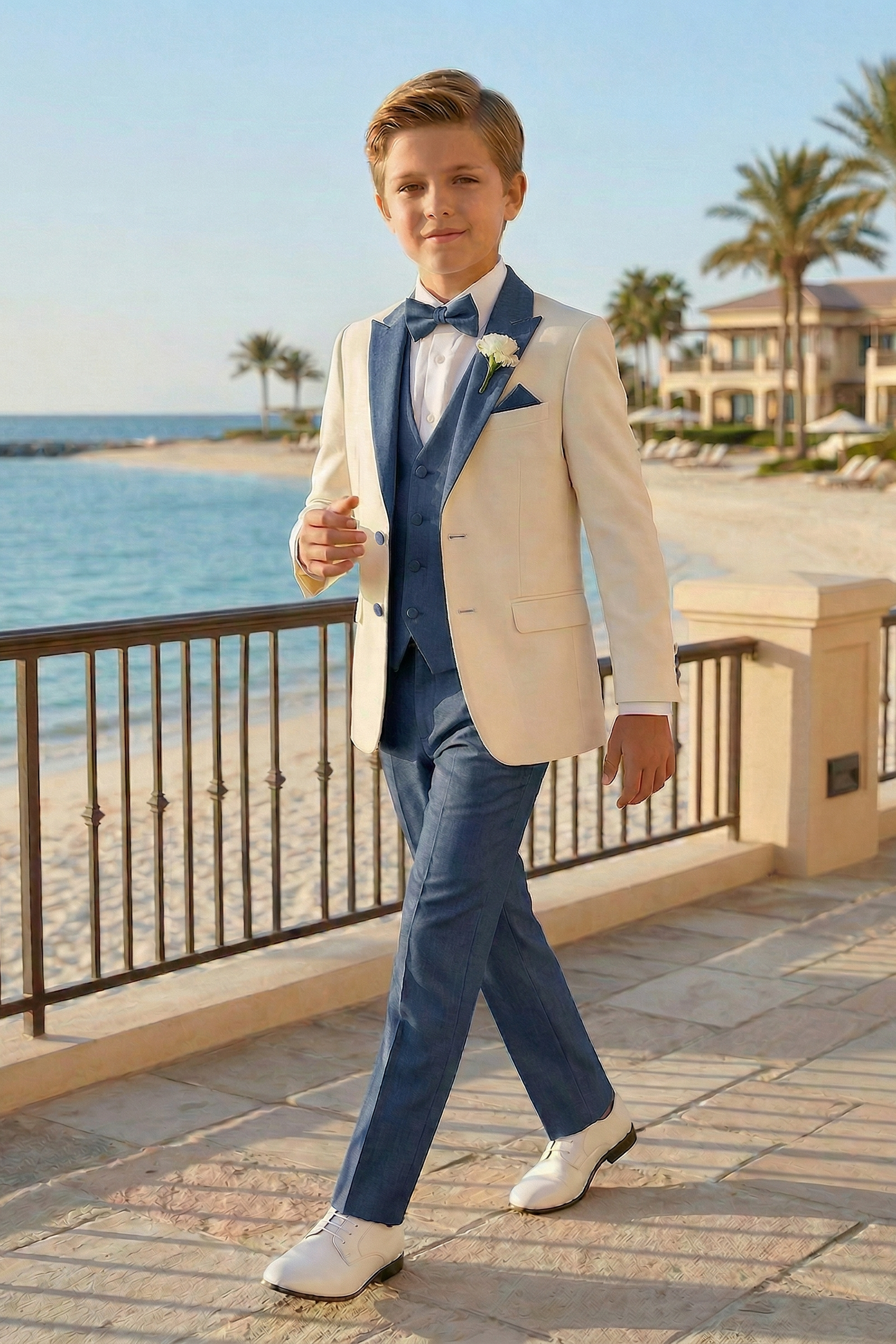 Dark Blue And White Single-Breasted 3-Piece Suit