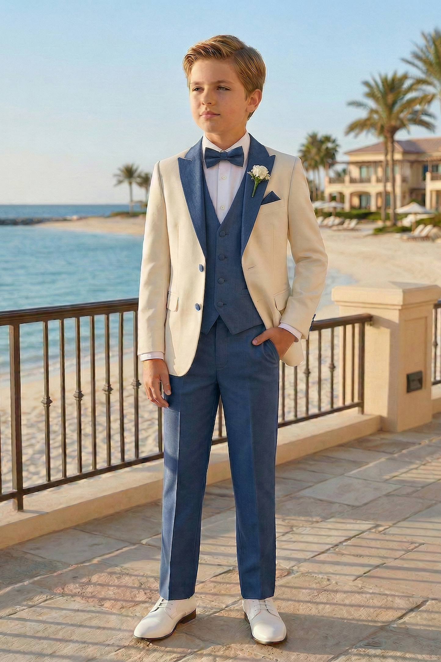 Dark Blue And White Single-Breasted 3-Piece Suit