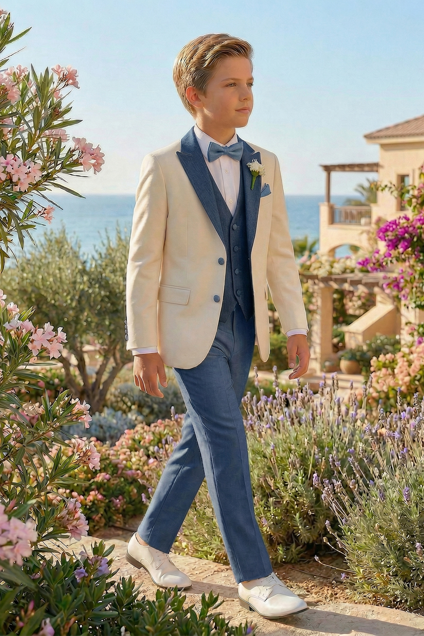 Dark Blue And White Single-Breasted 3-Piece Suit