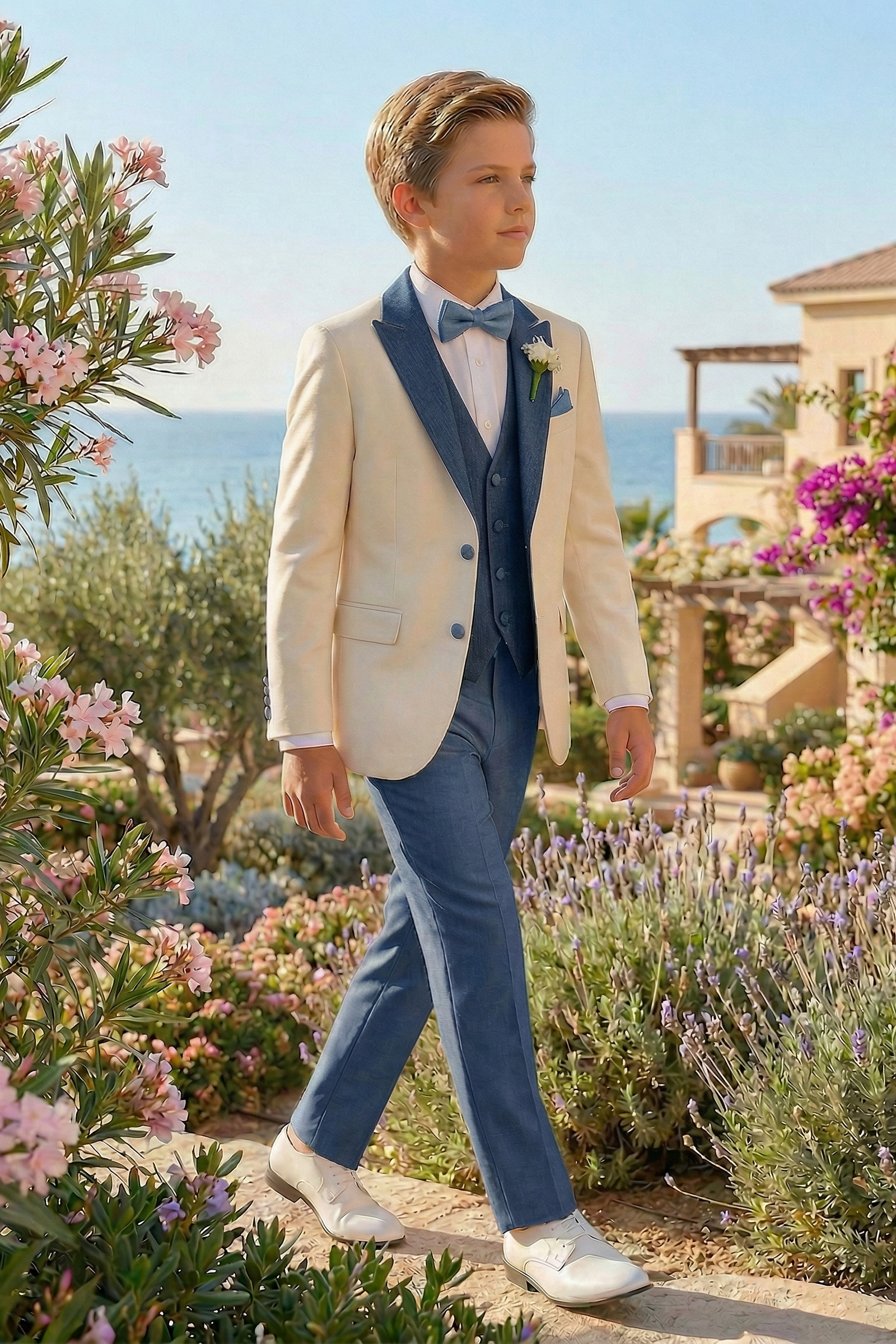 Dark Blue And White Single-Breasted 3-Piece Suit