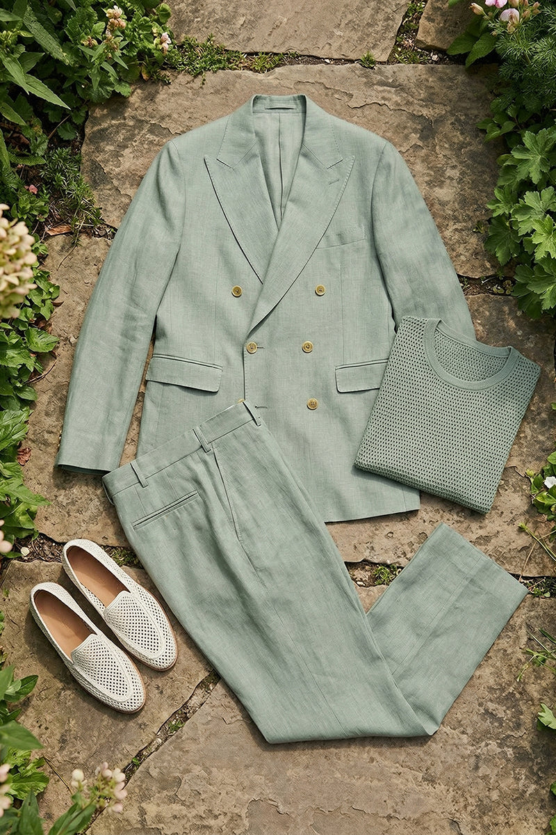 Boys Sage Green Linen-Blend Double-Breasted 2-piece Suit