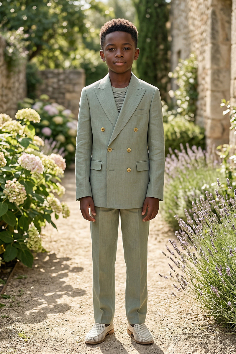 Boys Sage Green Linen-Blend Double-Breasted 2-piece Suit