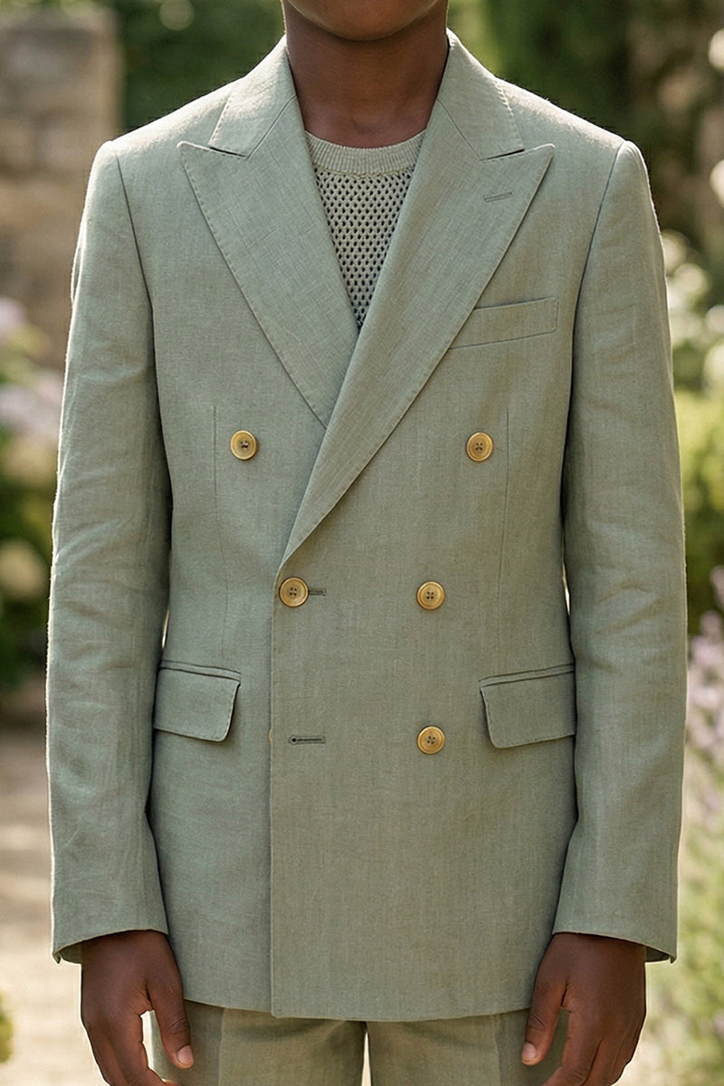 Boys Sage Green Linen-Blend Double-Breasted 2-piece Suit