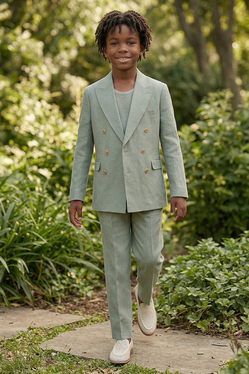 Boys Sage Green Linen-Blend Double-Breasted 2-piece Suit