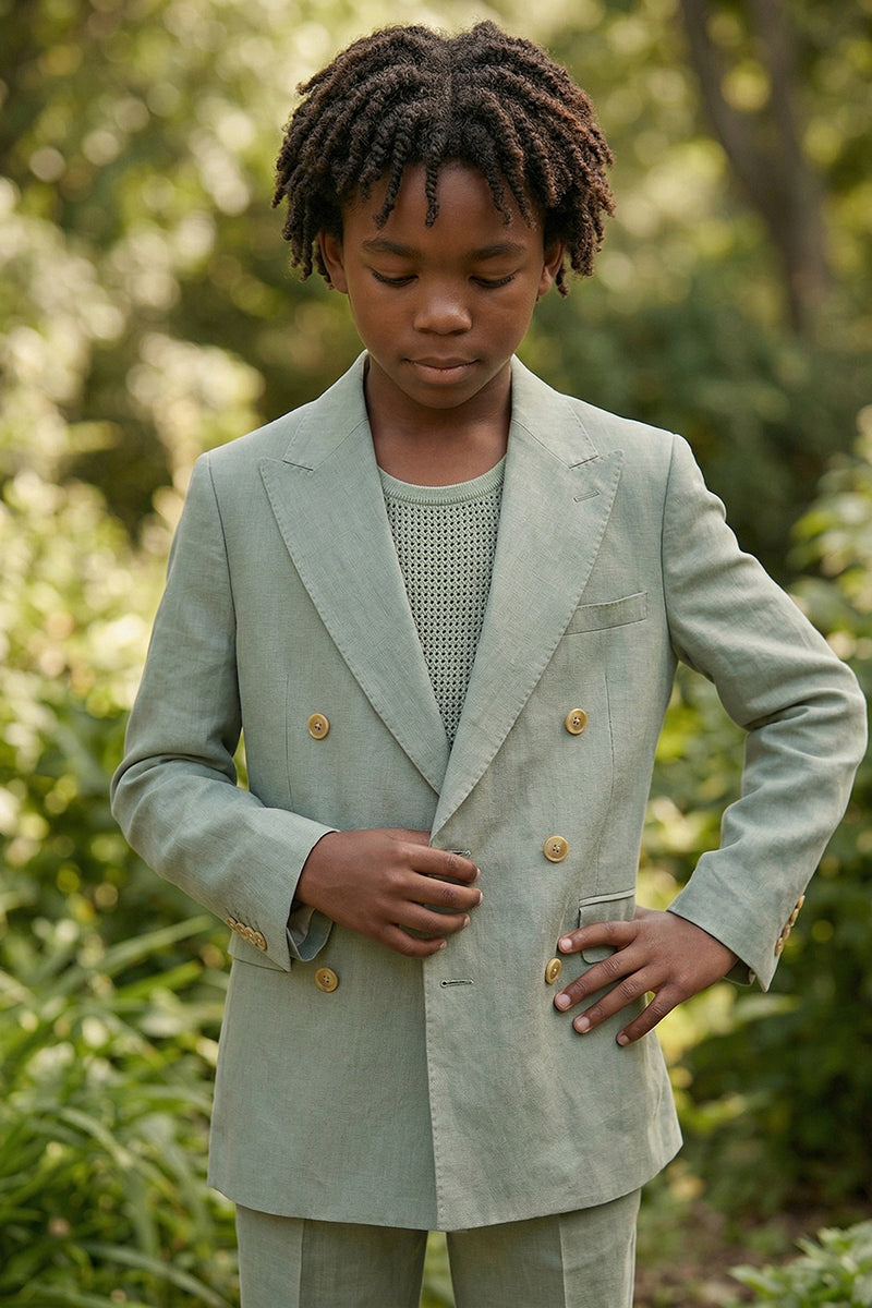 Boys Sage Green Linen-Blend Double-Breasted 2-piece Suit