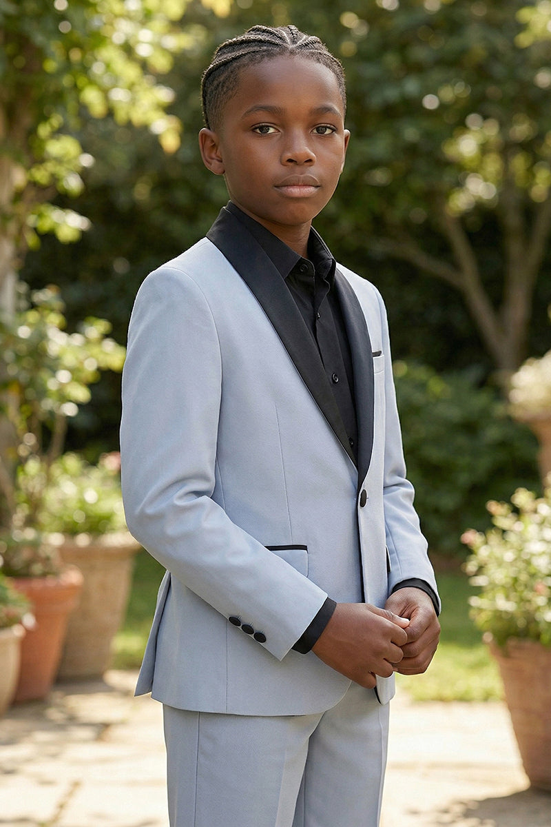 Boys Light Blue Tuxedo with Black Satin Lapels 2-piece Suit