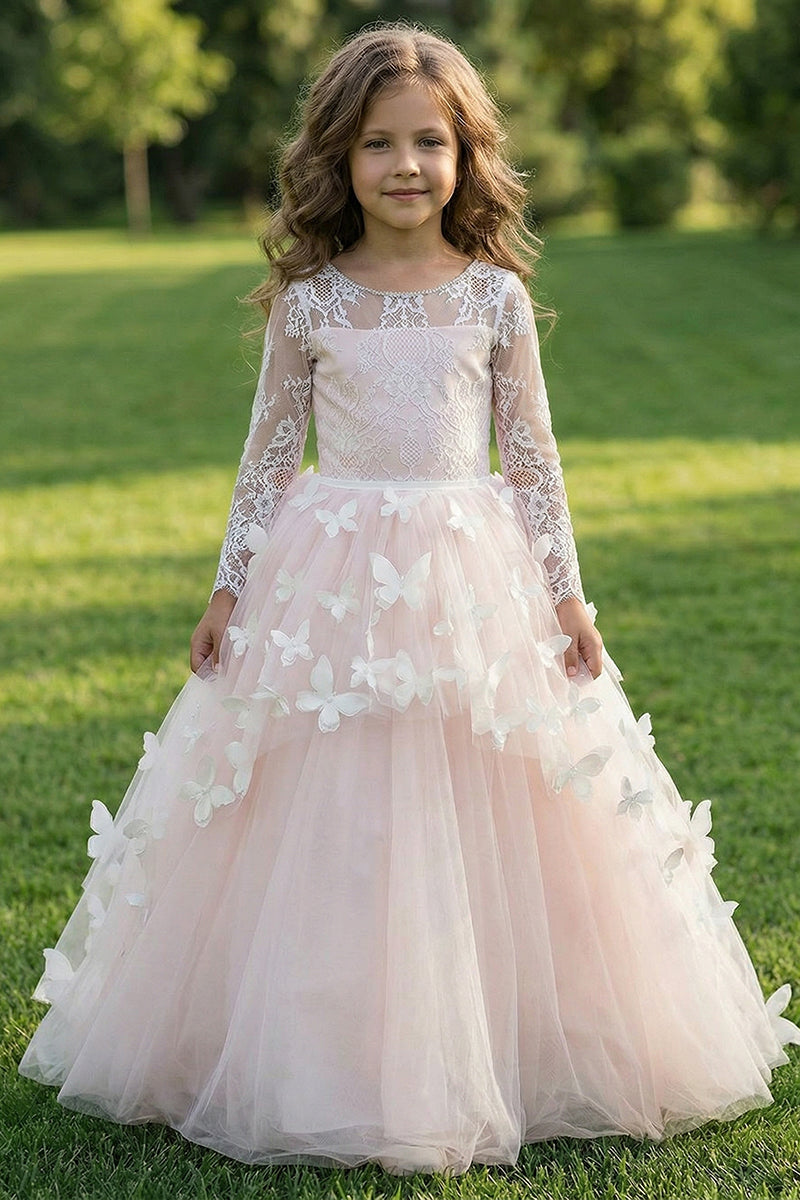Blush Pink Lace & Tulle Flower Girl Dress for Garden Weddings