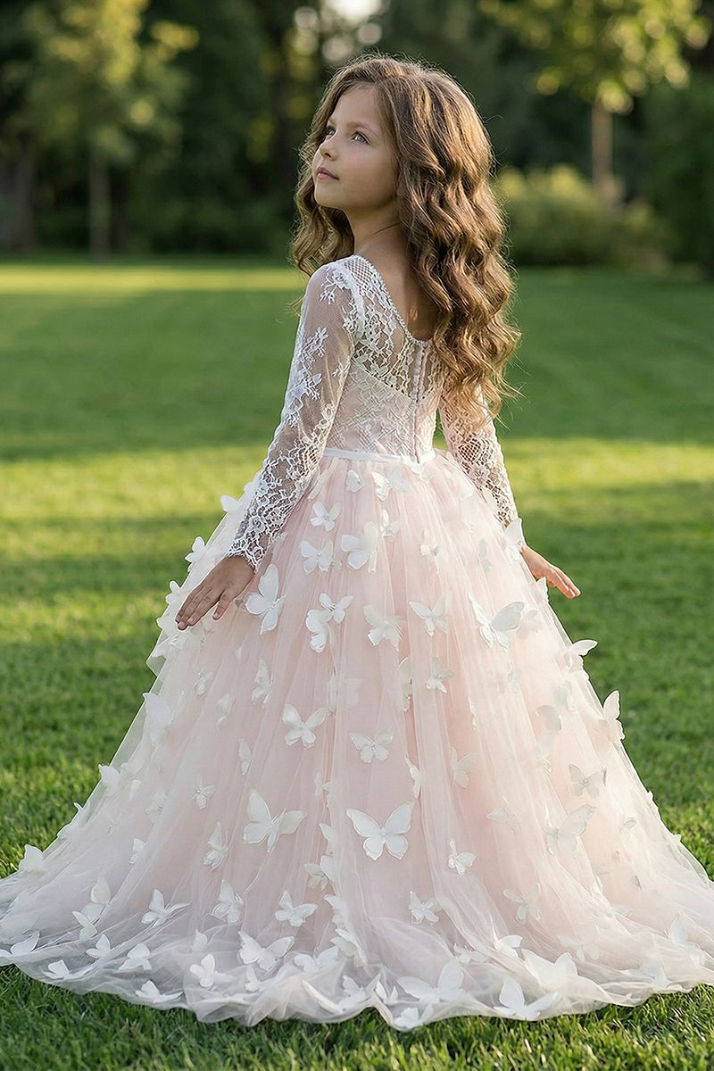Blush Pink Lace & Tulle Flower Girl Dress for Garden Weddings