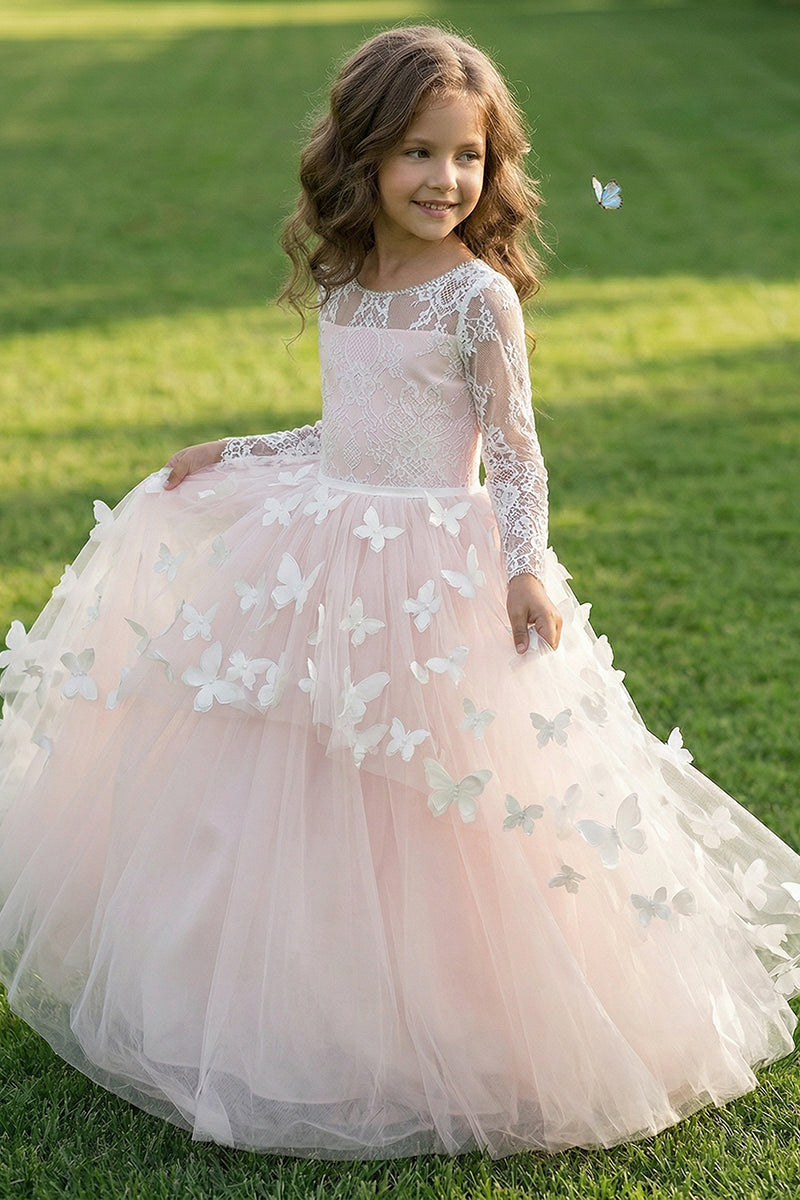 Blush Pink Lace & Tulle Flower Girl Dress for Garden Weddings