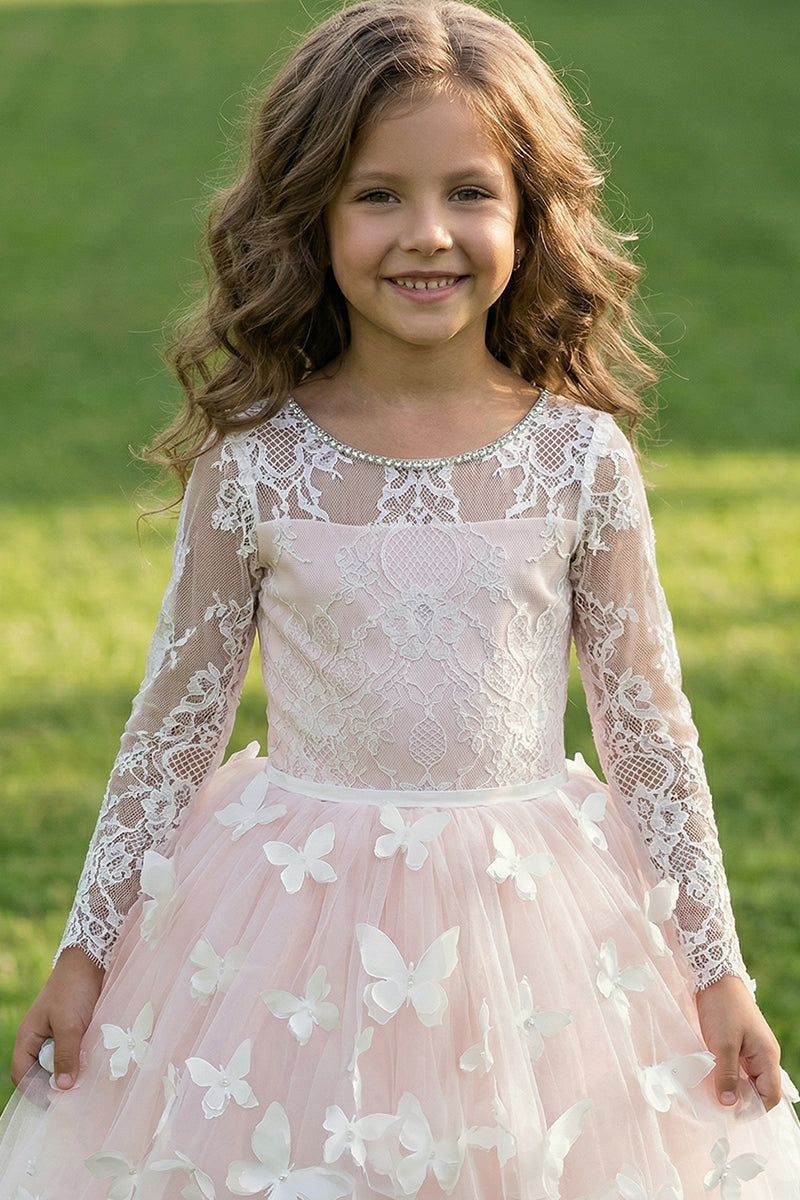 Blush Pink Lace & Tulle Flower Girl Dress for Garden Weddings