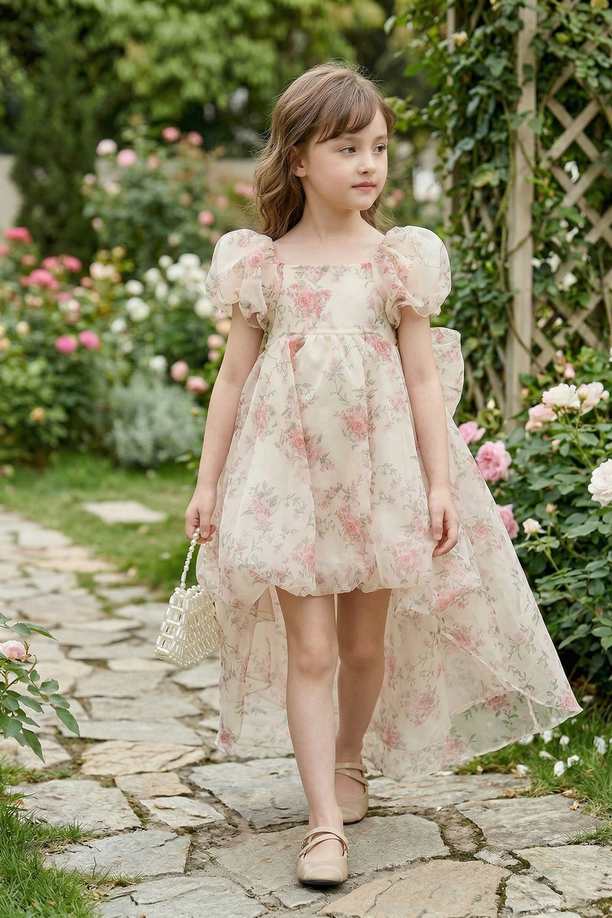 Light Pink Chiffon Floral Print Puff Sleeve Bow Dress