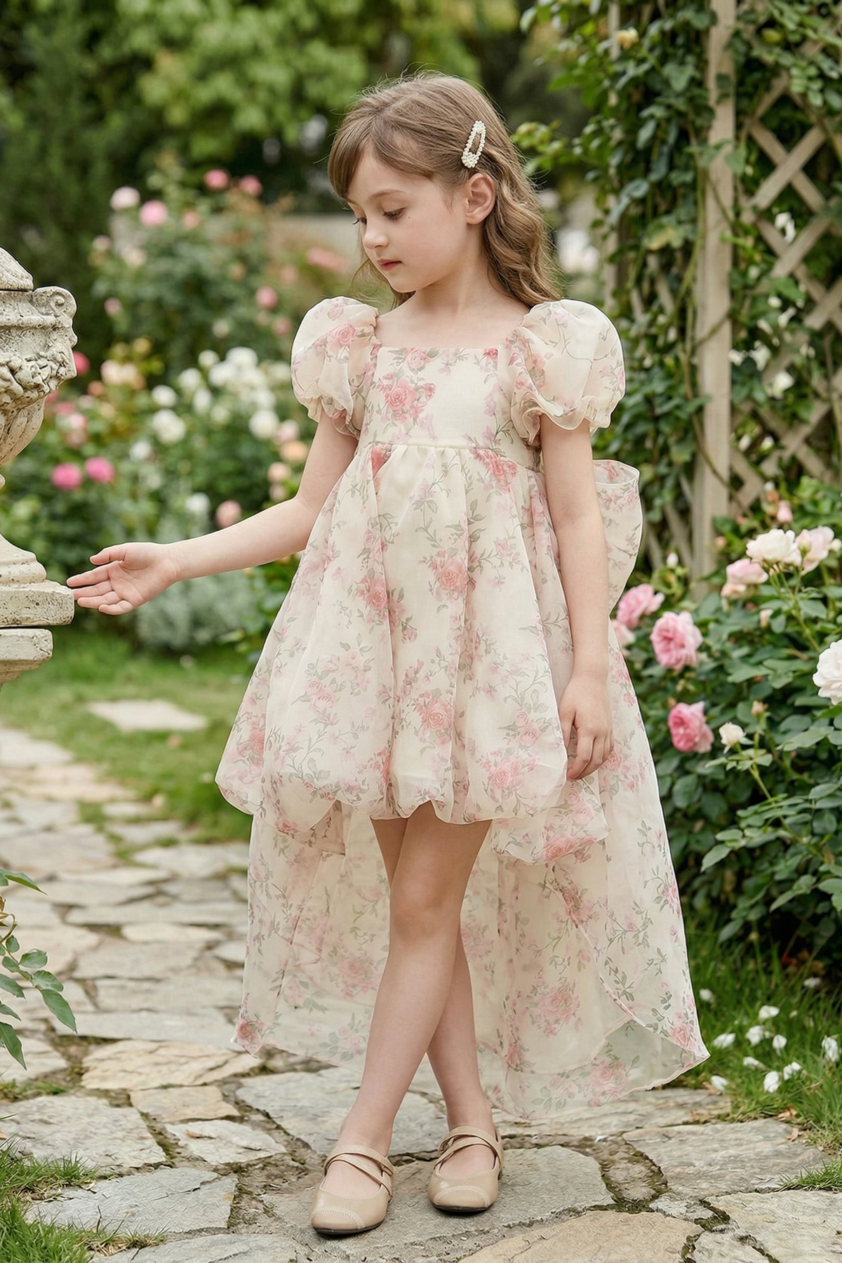 Light Pink Chiffon Floral Print Puff Sleeve Bow Dress