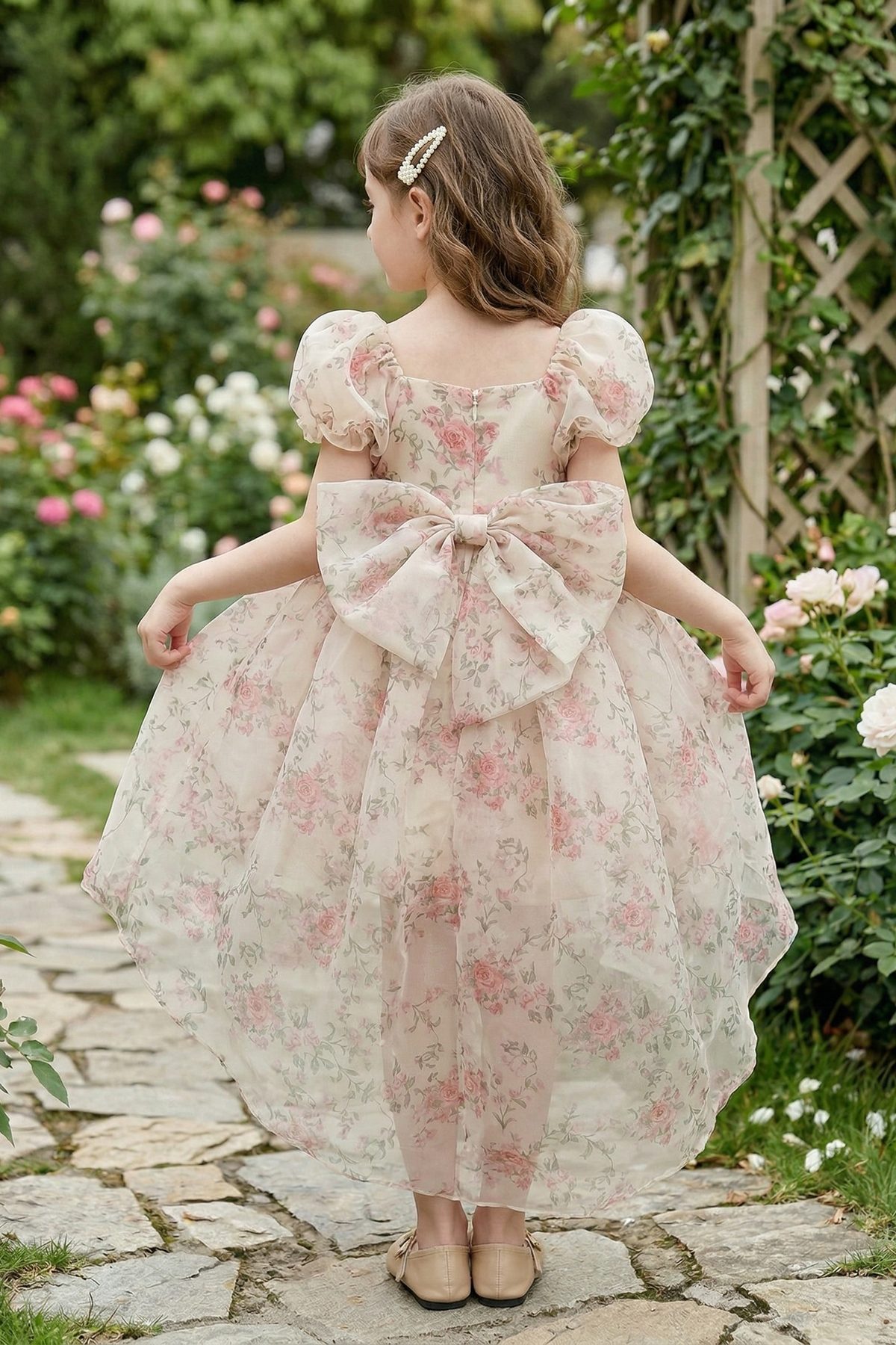 Light Pink Chiffon Floral Print Puff Sleeve Bow Dress