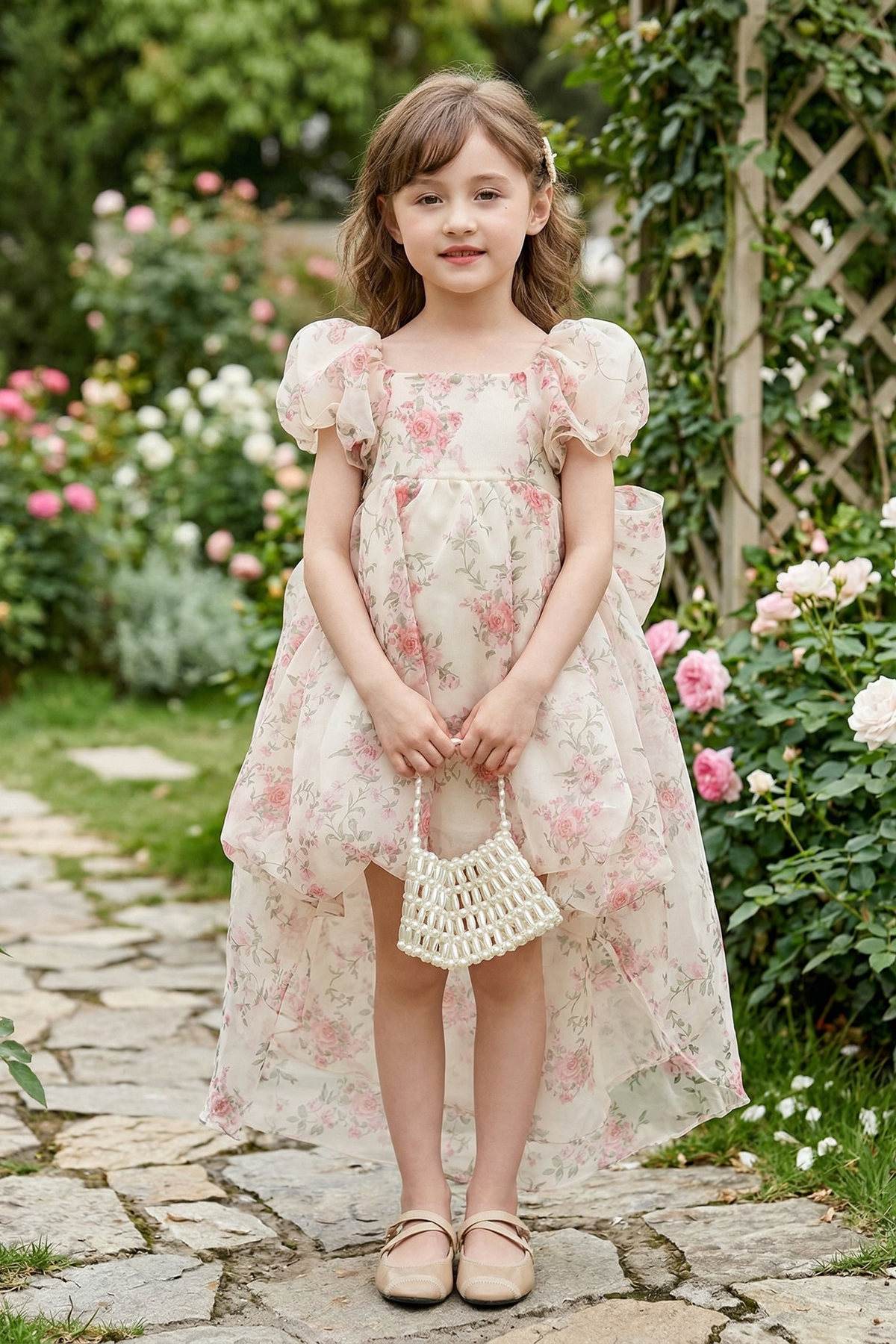 Light Pink Chiffon Floral Print Puff Sleeve Bow Dress