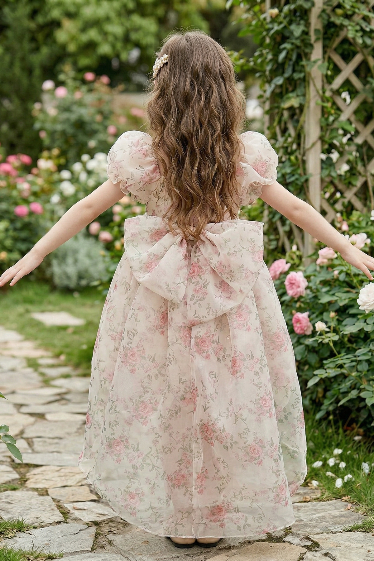 Light Pink Chiffon Floral Print Puff Sleeve Bow Dress