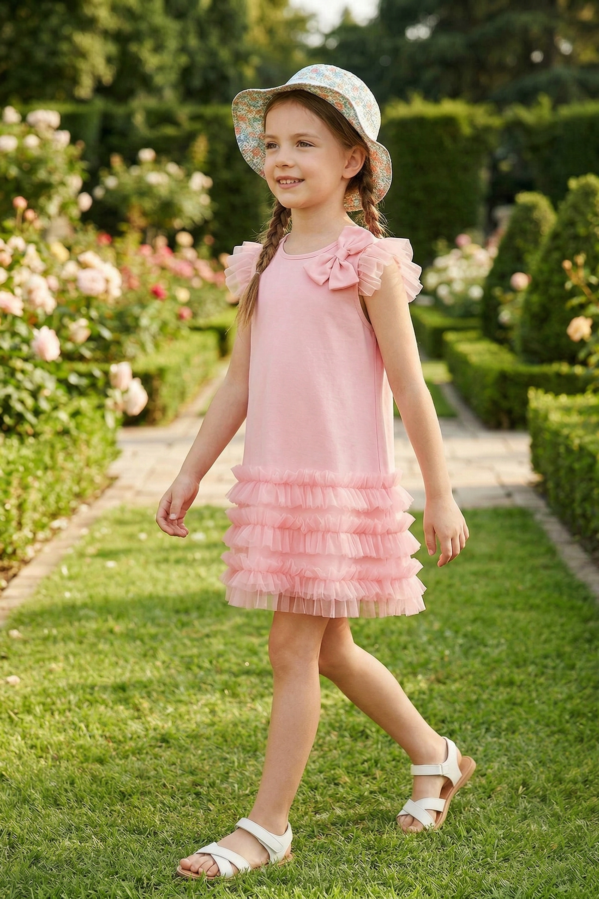 Pink Chiffon Mesh Bow Straight Dress