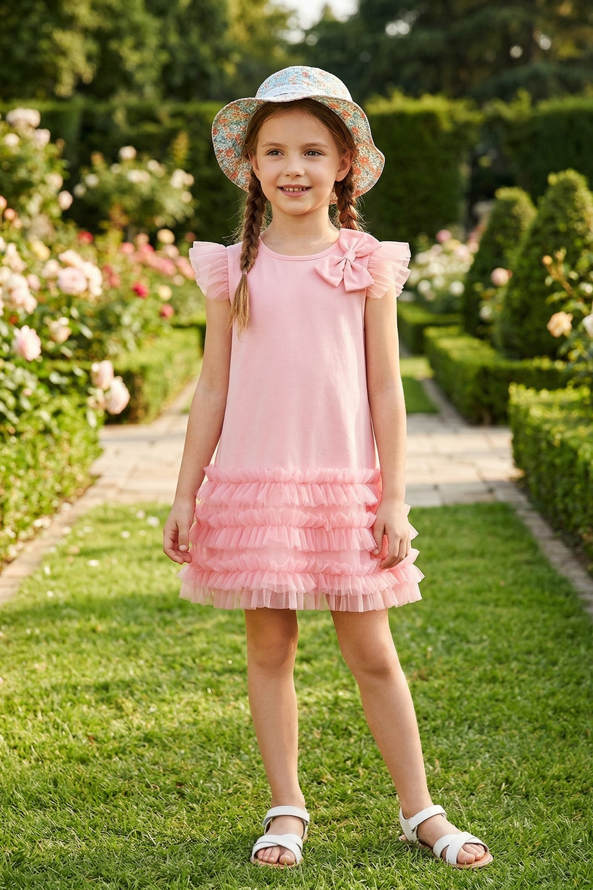 Pink Chiffon Mesh Bow Straight Dress
