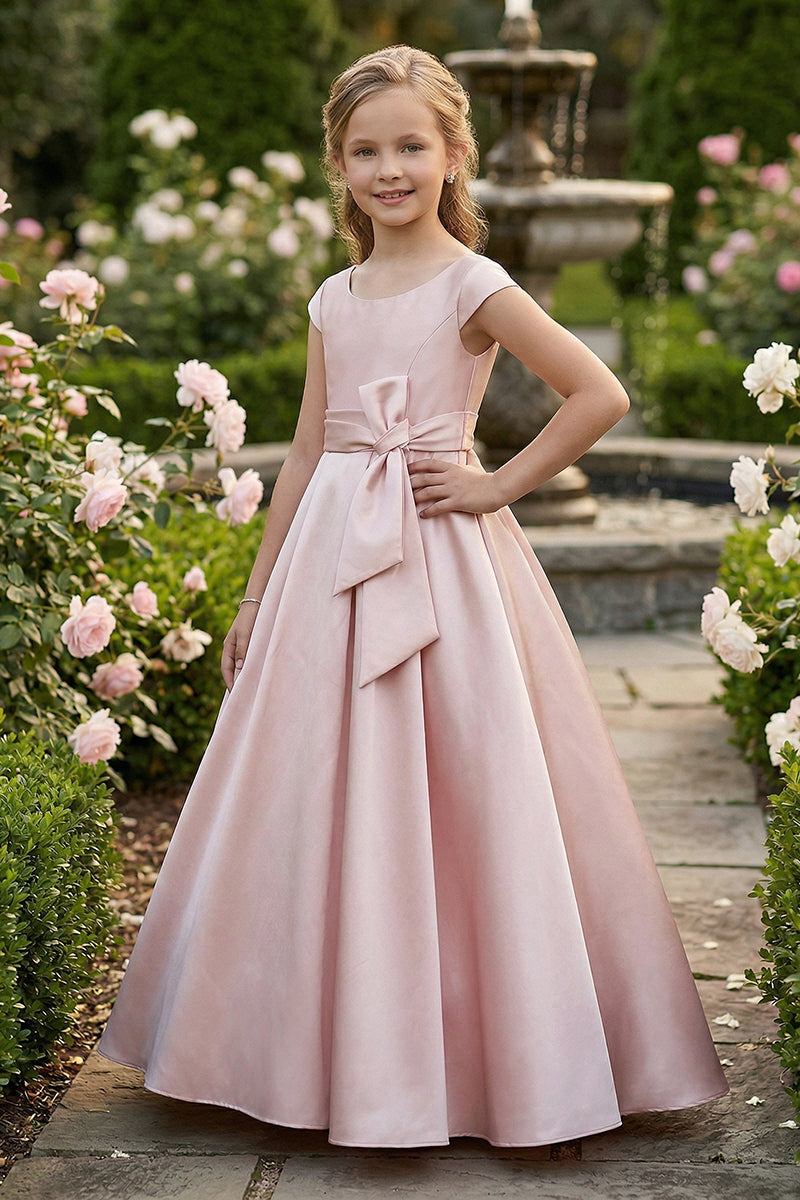 Blush Pink Satin Floor-Length Dress with Bow for Weddings