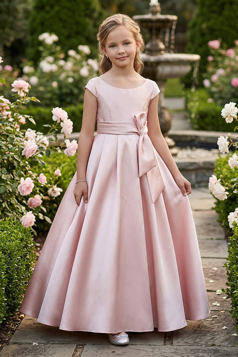 Blush Pink Satin Floor-Length Dress with Bow for Weddings