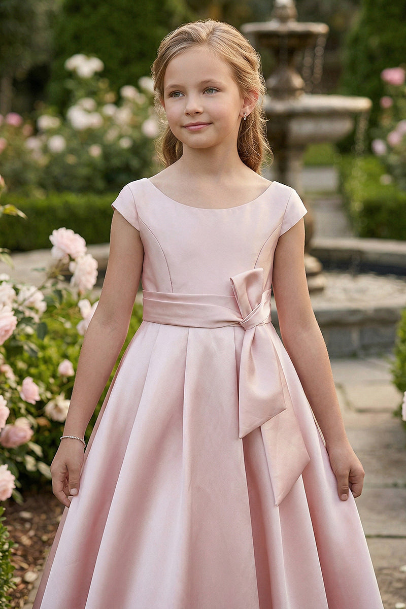 Blush Pink Satin Floor-Length Dress with Bow for Weddings