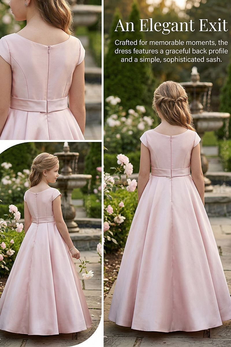 Blush Pink Satin Floor-Length Dress with Bow for Weddings