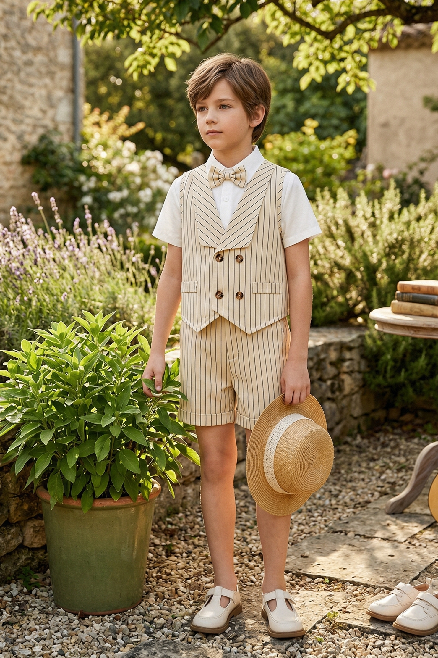 Apricot Striped Double-Breasted Lapel 2-Piece Set