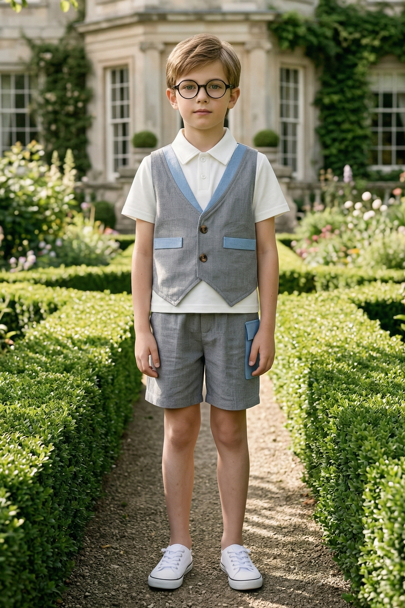 Dark Gray and Blue Cotton-Linen Blend 2-Piece Vest Set