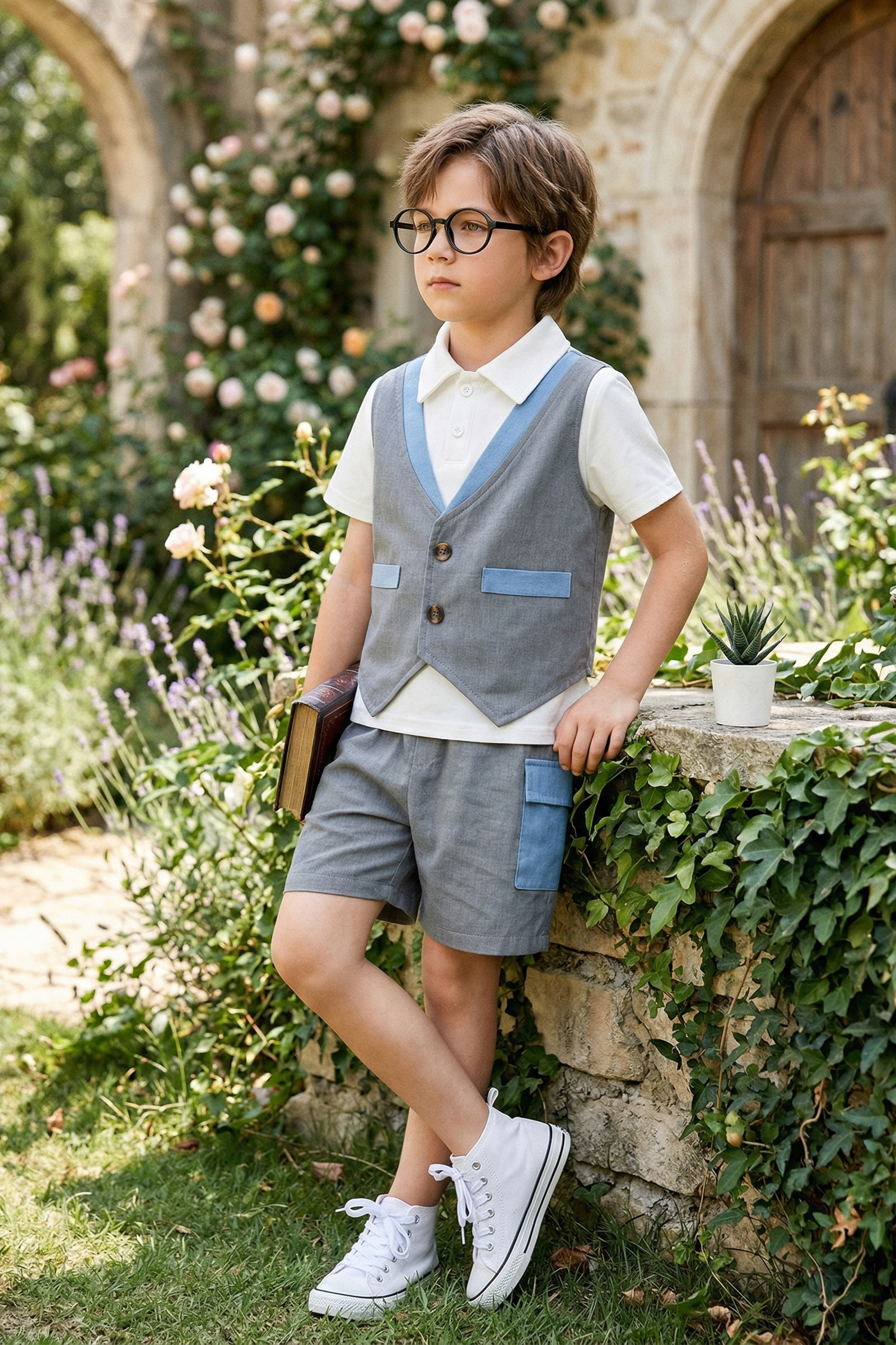 Dark Gray and Blue Cotton-Linen Blend 2-Piece Vest Set
