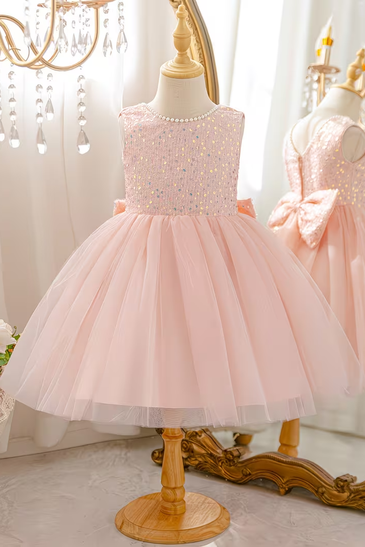 Pink Pearl Sequin Round-Neck Sleeveless A-Line Dress