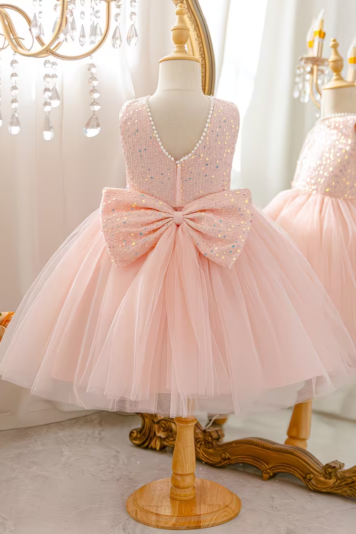 Pink Pearl Sequin Round-Neck Sleeveless A-Line Dress