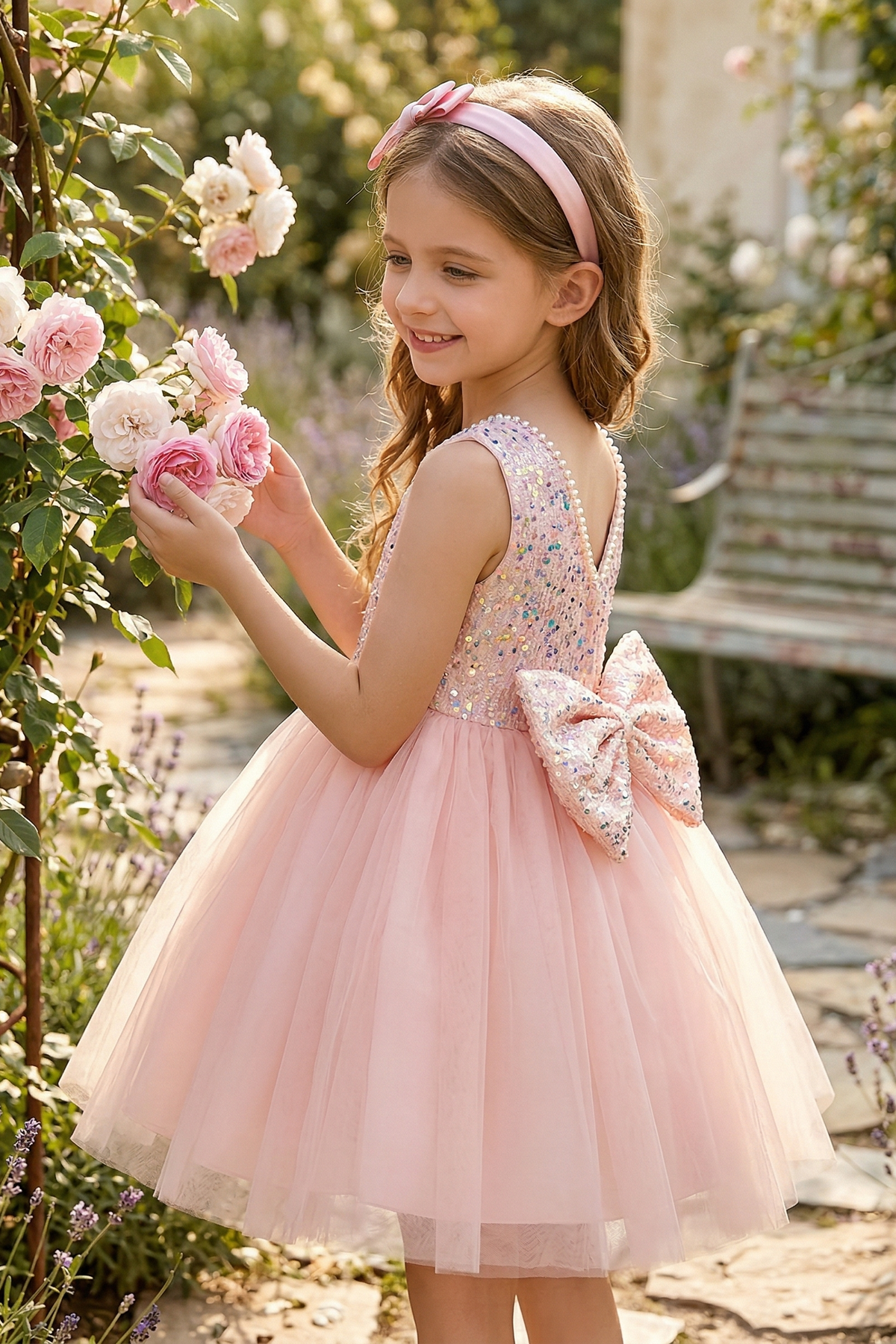 Pink Pearl Sequin Round-Neck Sleeveless A-Line Dress