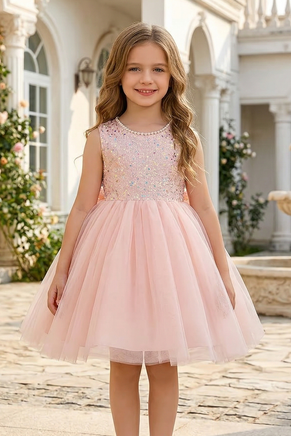 Pink Pearl Sequin Round-Neck Sleeveless A-Line Dress